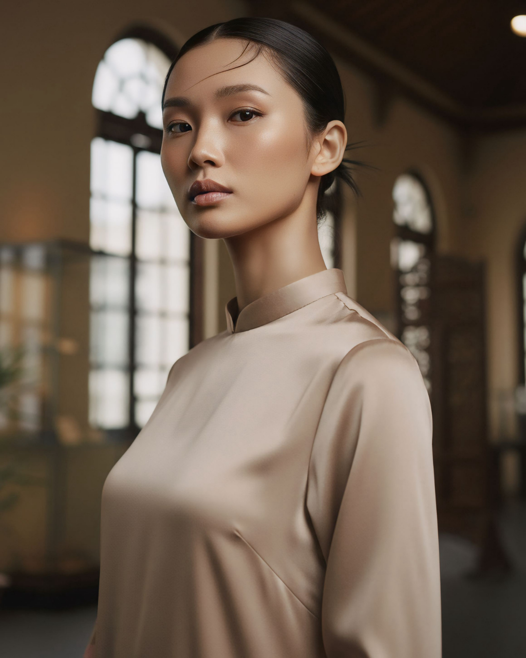 Áo Dài Lụa Tay Loa / Họa tiết Lụa Trơn Be Hồng & Twilly Phụng Vũ Vân Ca Hồng