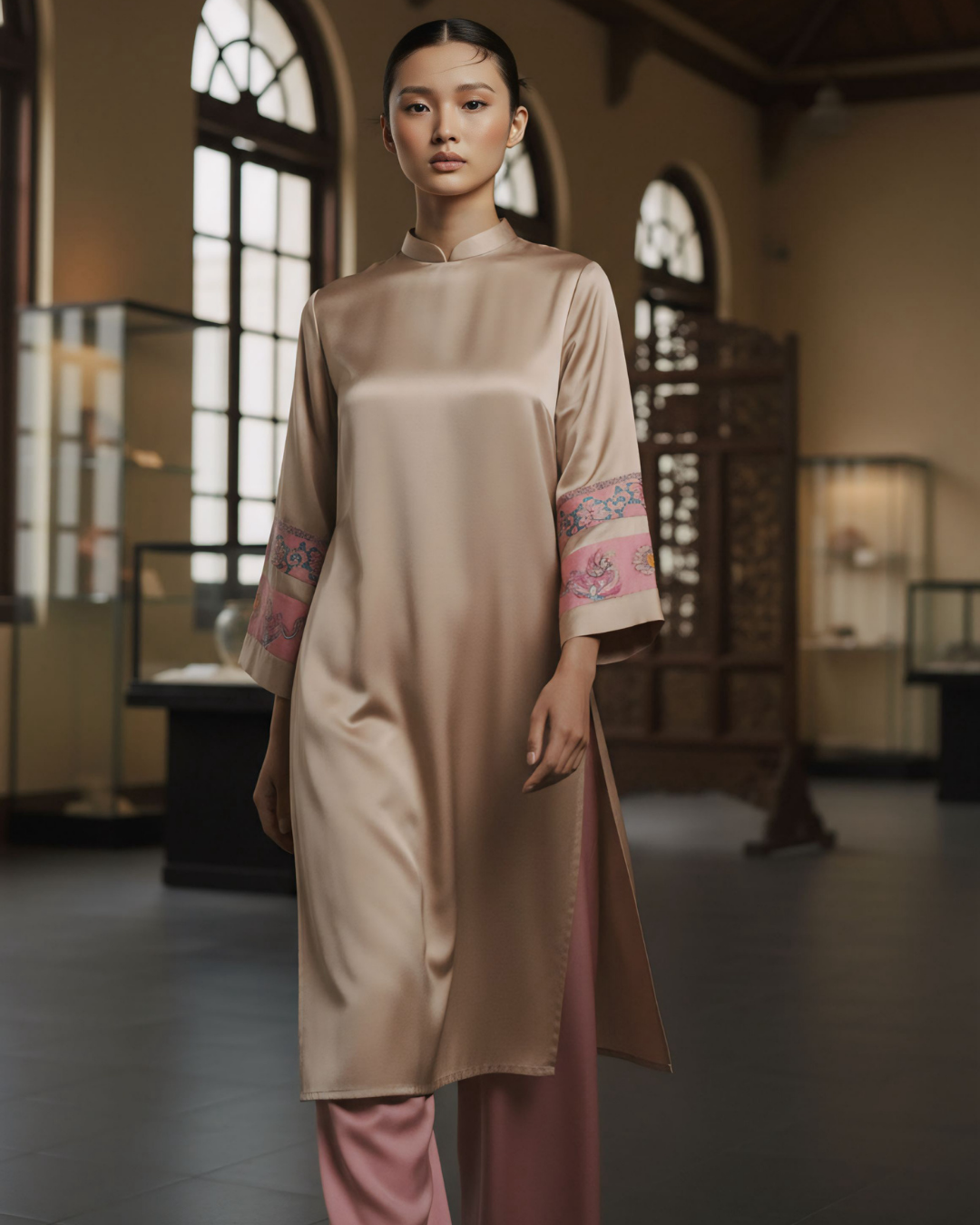 Áo Dài Lụa Tay Loa / Họa tiết Lụa Trơn Be Hồng & Twilly Phụng Vũ Vân Ca Hồng