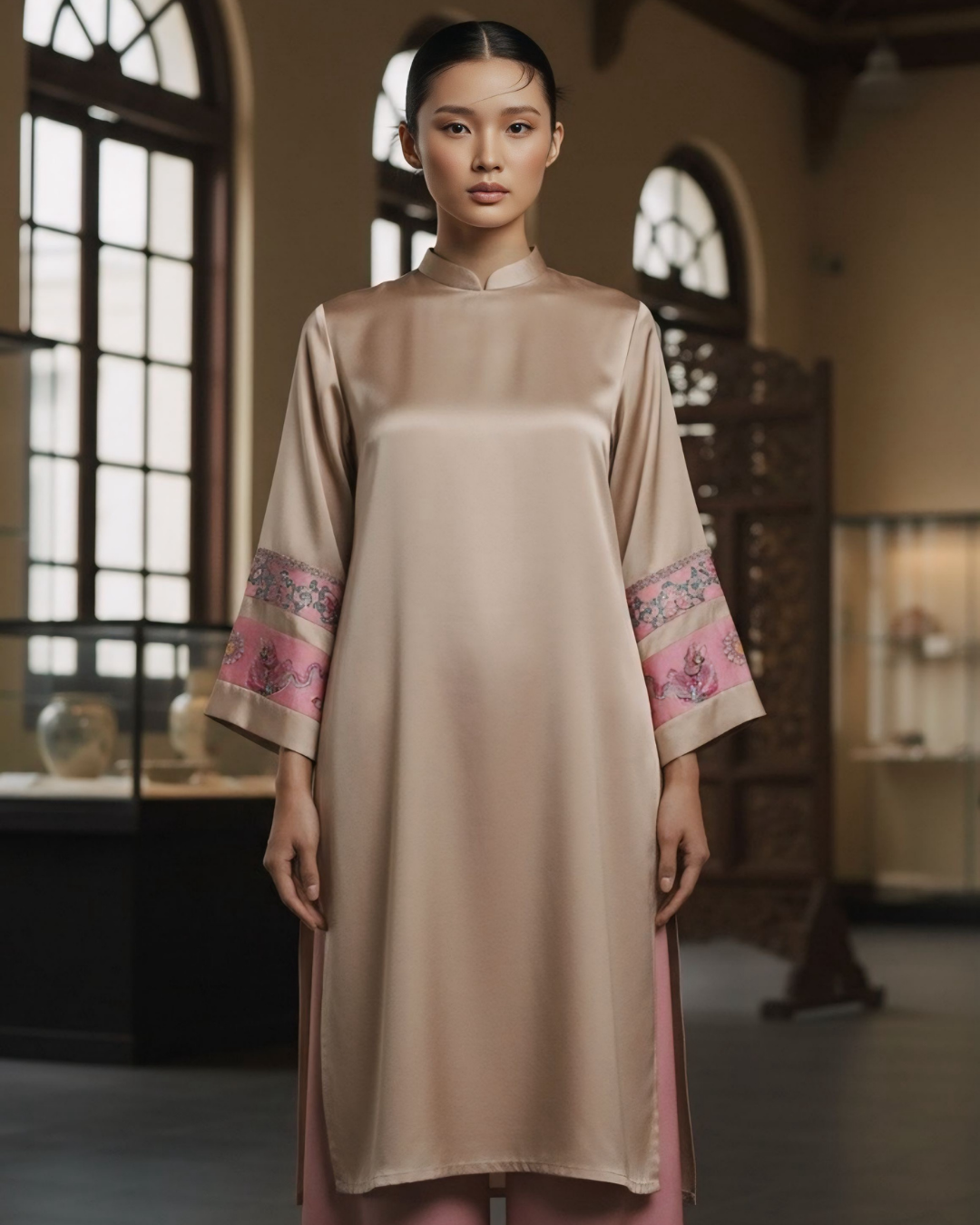 Áo Dài Lụa Tay Loa / Họa tiết Lụa Trơn Be Hồng & Twilly Phụng Vũ Vân Ca Hồng