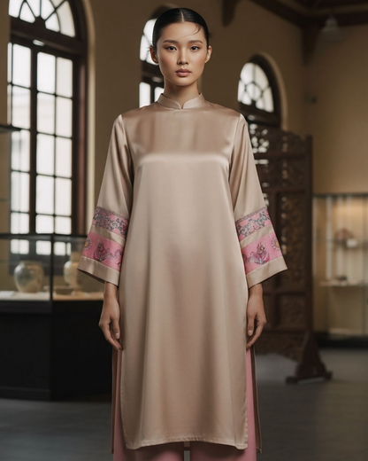 Áo Dài Lụa Tay Loa / Họa tiết Lụa Trơn Be Hồng & Twilly Phụng Vũ Vân Ca Hồng