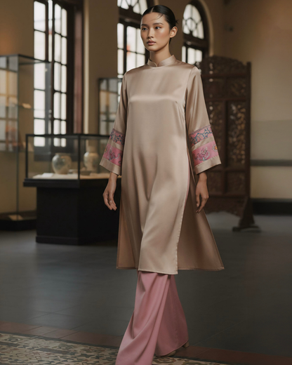 Áo Dài Lụa Tay Loa / Họa tiết Lụa Trơn Be Hồng & Twilly Phụng Vũ Vân Ca Hồng