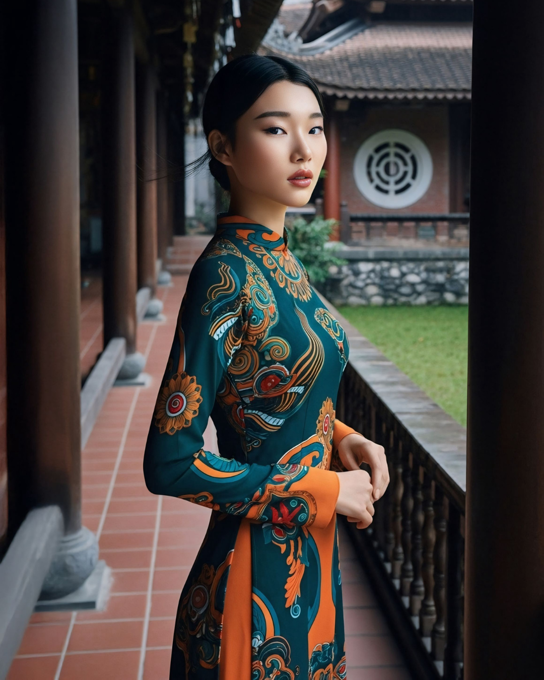 Áo Dài Lụa Truyền Thống / Họa tiết Hương Vân Long Mộng Xanh Lá & Da Cam