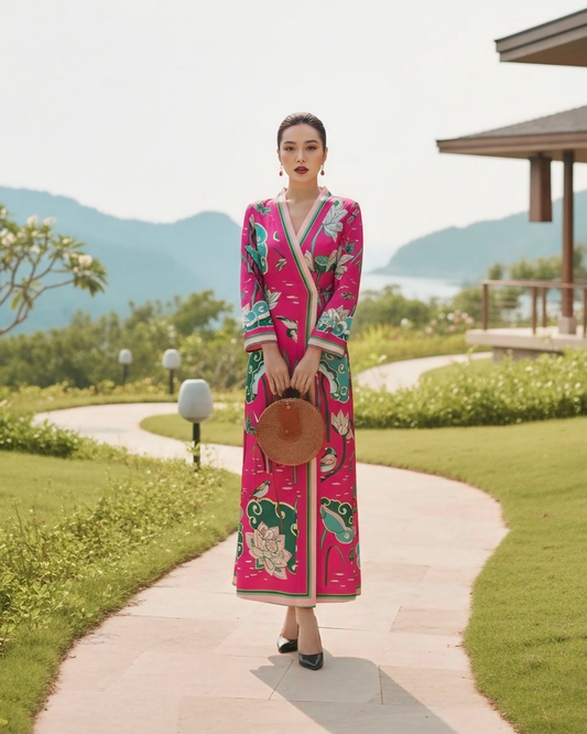 Đầm Quấn Lụa / Họa tiết Cố Đô Liên Hoạ Hồng & Xanh Lá