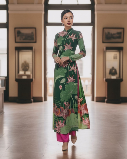 Áo Dài Lụa Truyền Thống / Họa tiết Uyên Ương Liên Hạ Xanh Lá & Hồng