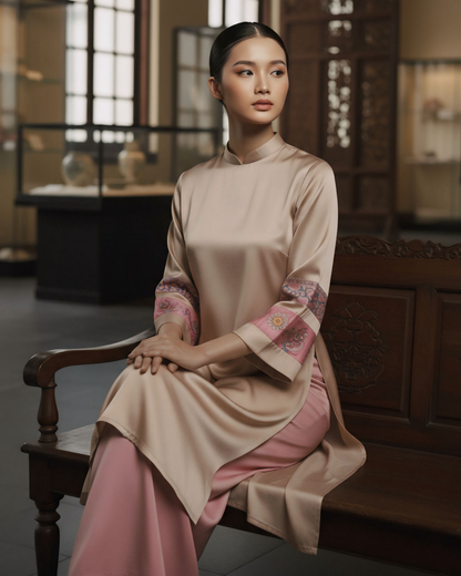 Áo Dài Lụa Tay Loa / Họa tiết Lụa Trơn Be Hồng & Twilly Phụng Vũ Vân Ca Hồng