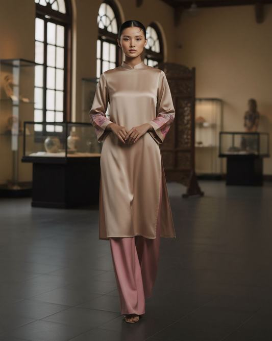 Áo Dài Lụa Tay Loa / Họa tiết Lụa Trơn Be Hồng & Twilly Phụng Vũ Vân Ca Hồng