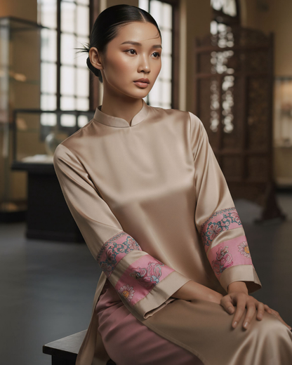 Áo Dài Lụa Tay Loa / Họa tiết Lụa Trơn Be Hồng & Twilly Phụng Vũ Vân Ca Hồng