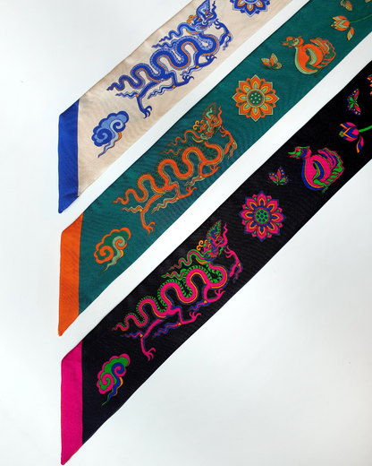 Quà Tặng Cao Cấp / Khăn Twilly Lụa Lý Quốc Ký Sự / Be & Xanh Dương / 6cm x 150cm