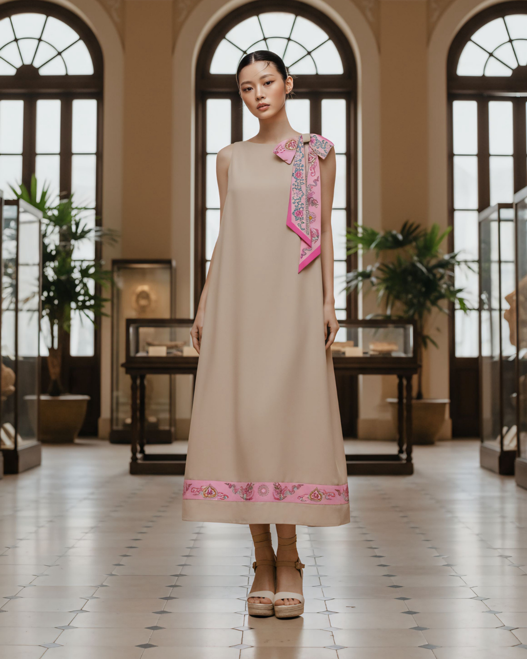 Đầm Lụa Dáng A Không Tay / Họa tiết Lụa Trơn Be Hồng & Twilly Phụng Vũ Vân Ca Hồng