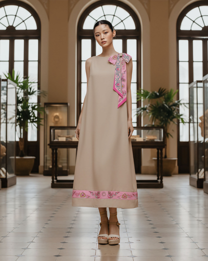 Đầm Lụa Dáng A Không Tay / Họa tiết Lụa Trơn Be Hồng & Twilly Phụng Vũ Vân Ca Hồng