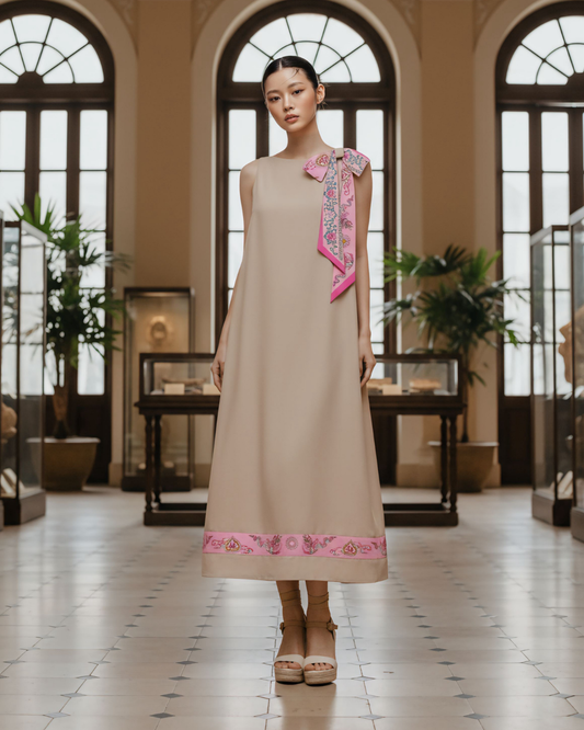 Đầm Lụa Dáng A Không Tay / Họa tiết Lụa Trơn Be Hồng & Twilly Phụng Vũ Vân Ca Hồng