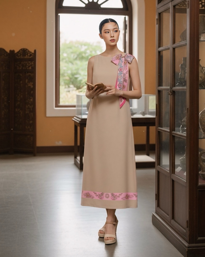 Đầm Lụa Dáng A Không Tay / Họa tiết Lụa Trơn Be Hồng & Twilly Phụng Vũ Vân Ca Hồng