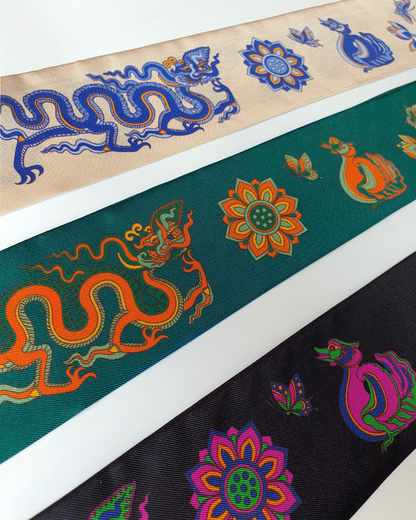 Quà Tặng Cao Cấp / Khăn Twilly Lụa Lý Quốc Ký Sự / Be & Xanh Dương / 6cm x 150cm