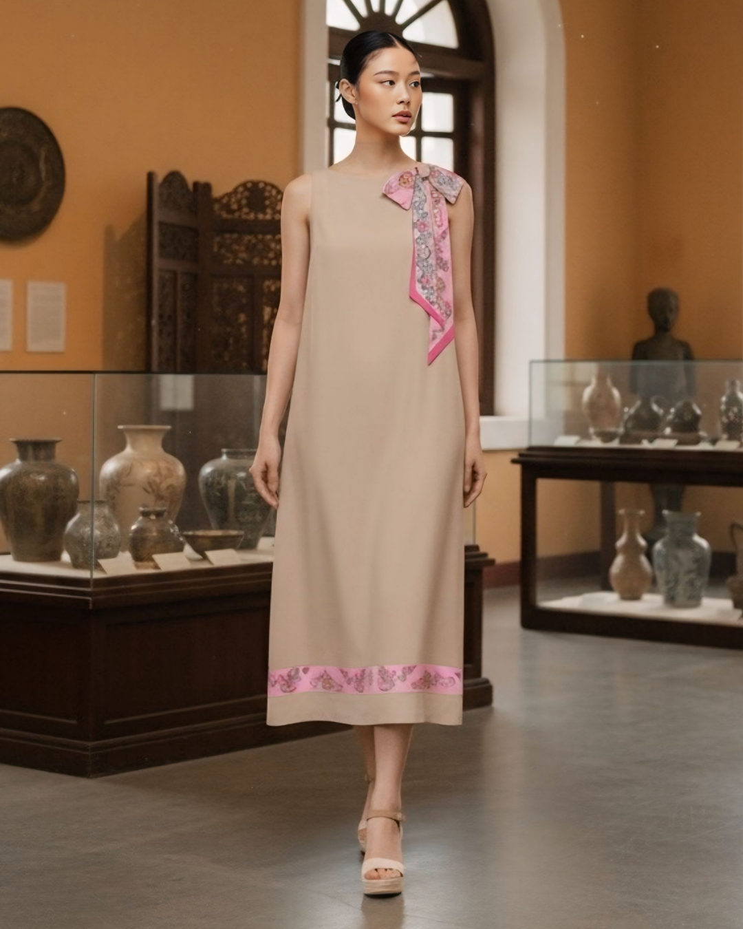 Đầm Lụa Dáng A Không Tay / Họa tiết Lụa Trơn Be Hồng & Twilly Phụng Vũ Vân Ca Hồng