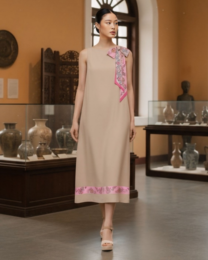Đầm Lụa Dáng A Không Tay / Họa tiết Lụa Trơn Be Hồng & Twilly Phụng Vũ Vân Ca Hồng