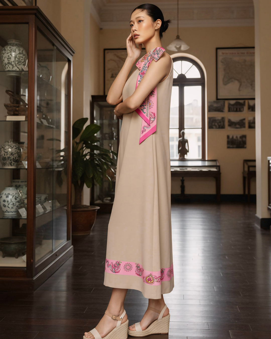 Đầm Lụa Dáng A Không Tay / Họa tiết Lụa Trơn Be Hồng & Twilly Phụng Vũ Vân Ca Hồng