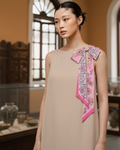 Đầm Lụa Dáng A Không Tay / Họa tiết Lụa Trơn Be Hồng & Twilly Phụng Vũ Vân Ca Hồng