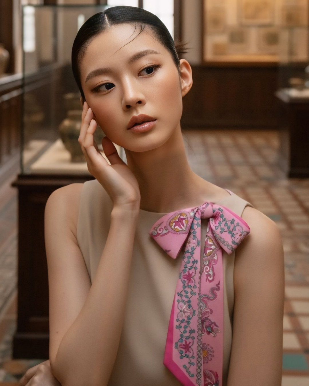 Đầm Lụa Dáng A Không Tay / Họa tiết Lụa Trơn Be Hồng & Twilly Phụng Vũ Vân Ca Hồng