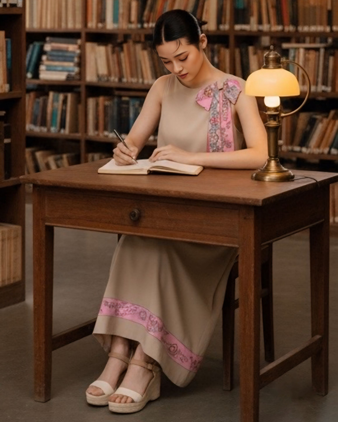 Đầm Lụa Dáng A Không Tay / Họa tiết Lụa Trơn Be Hồng & Twilly Phụng Vũ Vân Ca Hồng