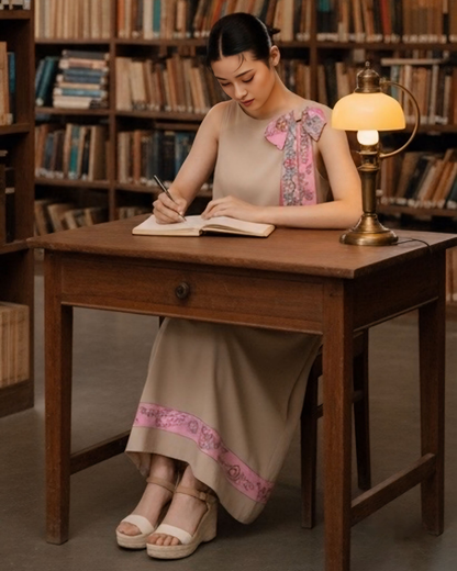 Đầm Lụa Dáng A Không Tay / Họa tiết Lụa Trơn Be Hồng & Twilly Phụng Vũ Vân Ca Hồng