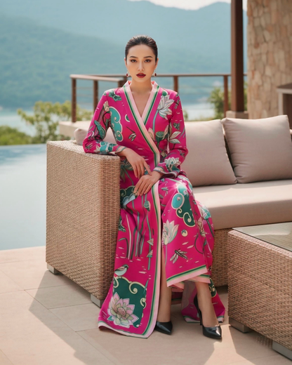 Đầm Quấn Lụa / Họa tiết Cố Đô Liên Hoạ Hồng & Xanh Lá