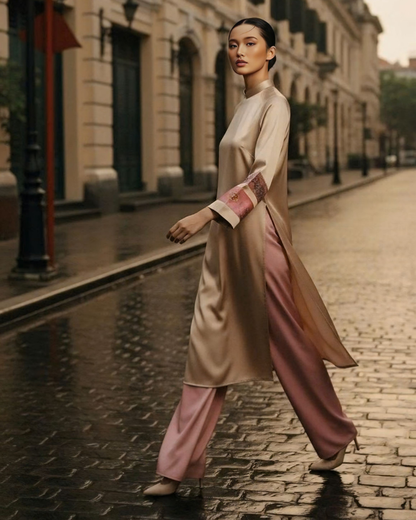 Áo Dài Lụa Tay Loa / Họa tiết Lụa Trơn Be Hồng & Twilly Phụng Vũ Vân Ca Hồng