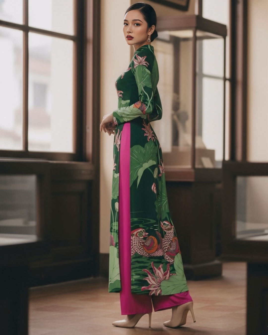 Áo Dài Lụa Truyền Thống / Họa tiết Uyên Ương Liên Hạ Xanh Lá & Hồng