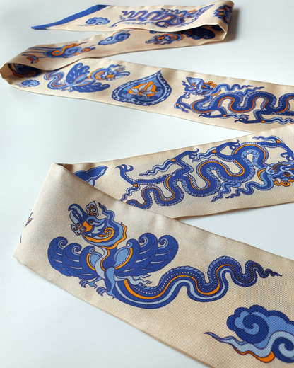 Quà Tặng Cao Cấp / Khăn Twilly Lụa Lý Quốc Ký Sự / Be & Xanh Dương / 6cm x 150cm