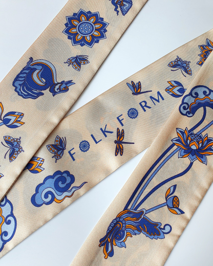 Quà Tặng Cao Cấp / Khăn Twilly Lụa Lý Quốc Ký Sự / Be & Xanh Dương / 6cm x 150cm