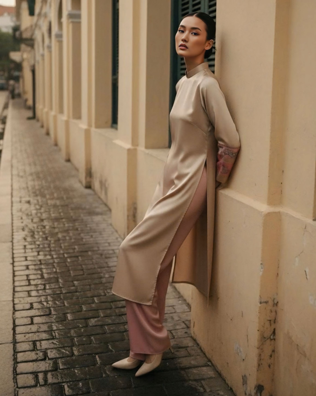 Áo Dài Lụa Tay Loa / Họa tiết Lụa Trơn Be Hồng & Twilly Phụng Vũ Vân Ca Hồng