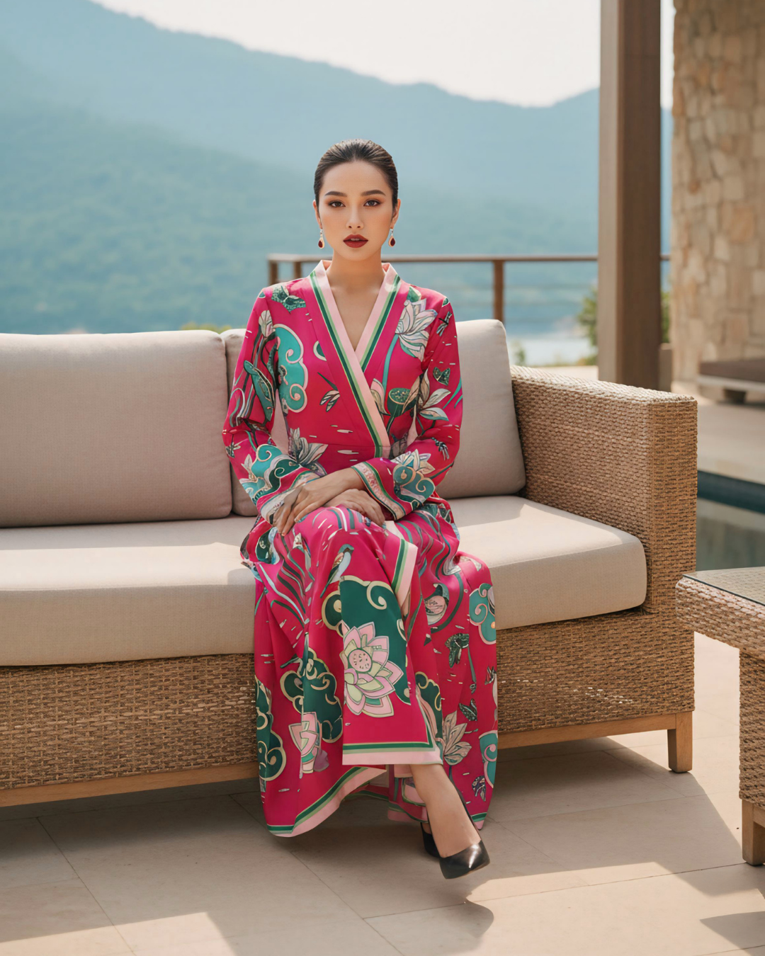 Đầm Quấn Lụa / Họa tiết Cố Đô Liên Hoạ Hồng & Xanh Lá