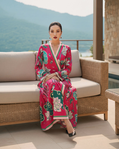 Đầm Quấn Lụa / Họa tiết Cố Đô Liên Hoạ Hồng & Xanh Lá