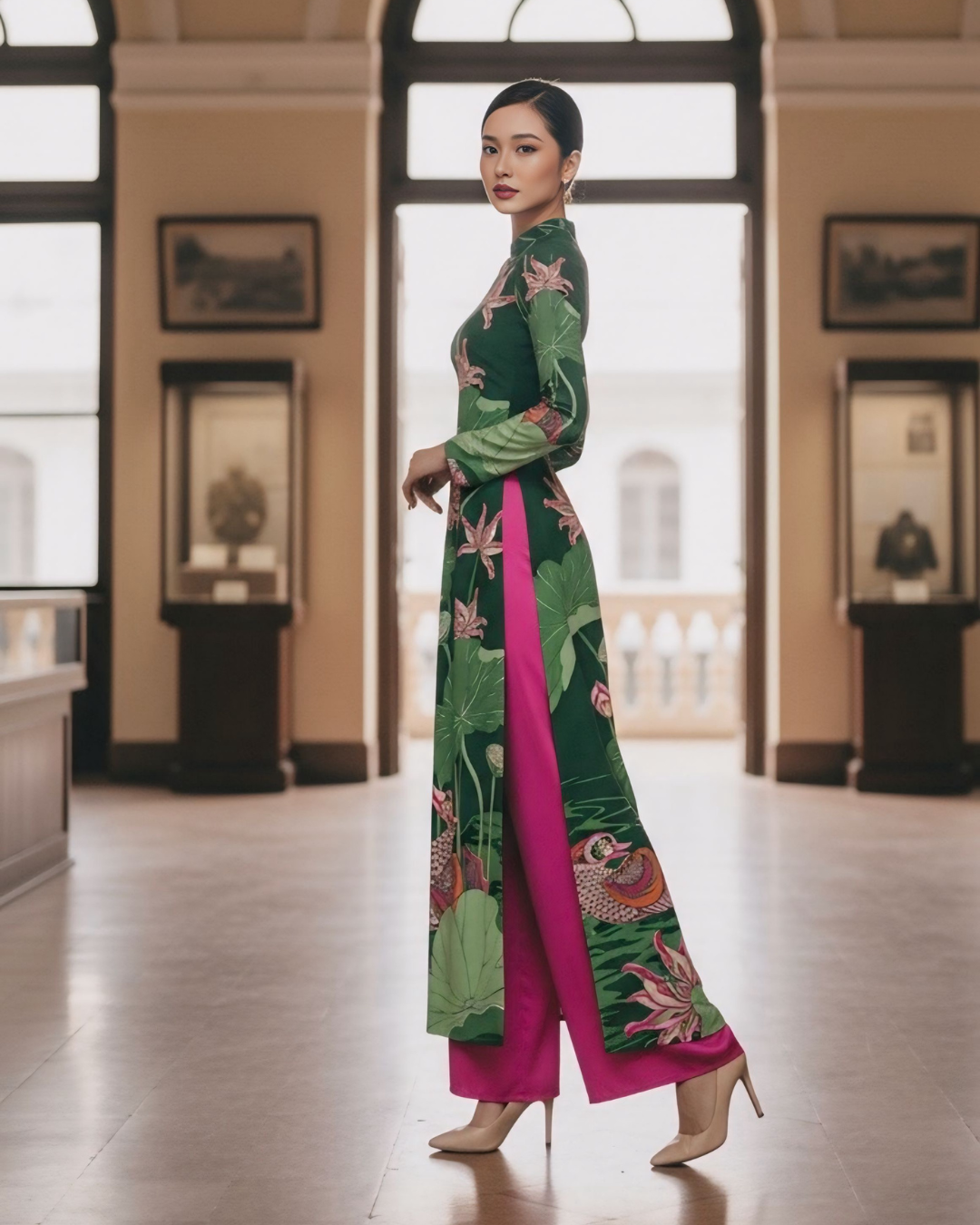 Áo Dài Lụa Truyền Thống / Họa tiết Uyên Ương Liên Hạ Xanh Lá & Hồng