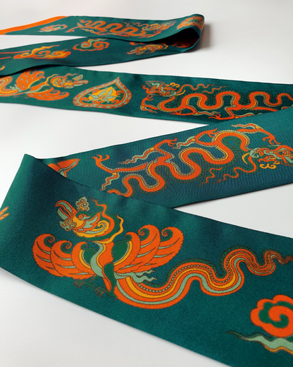Quà Tặng Cao Cấp / Khăn Twilly Lụa Lý Quốc Ký Sự / Xanh Lá Đậm & Vàng / 6cm x 150cm