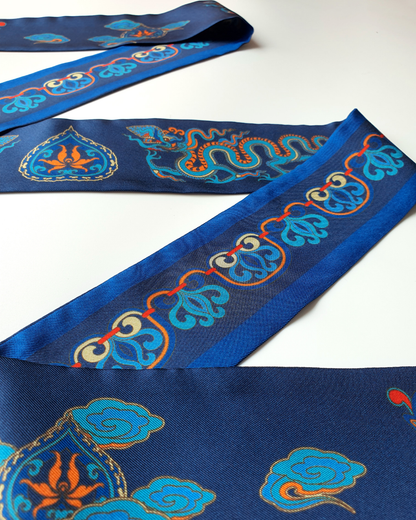 Quà Tặng Cao Cấp / Khăn Twilly Lụa Hương Vân Long Mộng / Xanh Lam Đậm / 6cm x 150cm