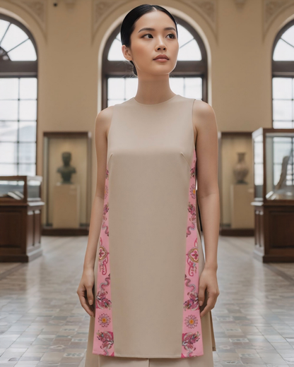 Bộ Lụa Dáng A Không Tay / Họa tiết Lụa Trơn Be Hồng & Twilly Phụng Vũ Vân Ca Hồng