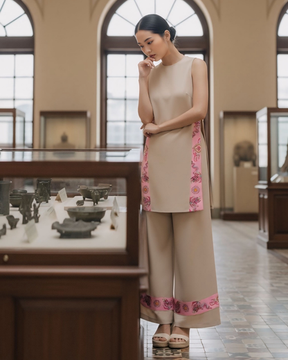 Bộ Lụa Dáng A Không Tay / Họa tiết Lụa Trơn Be Hồng & Twilly Phụng Vũ Vân Ca Hồng