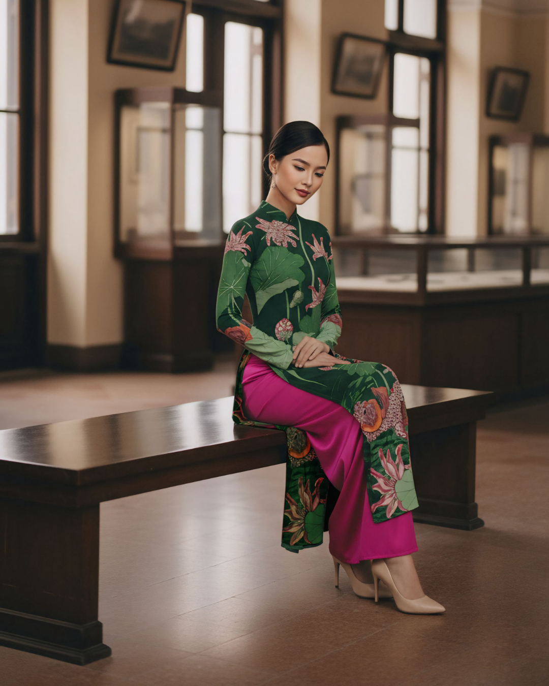 Áo Dài Lụa Truyền Thống / Họa tiết Uyên Ương Liên Hạ Xanh Lá & Hồng