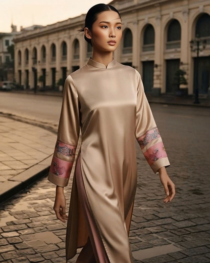 Áo Dài Lụa Tay Loa / Họa tiết Lụa Trơn Be Hồng & Twilly Phụng Vũ Vân Ca Hồng