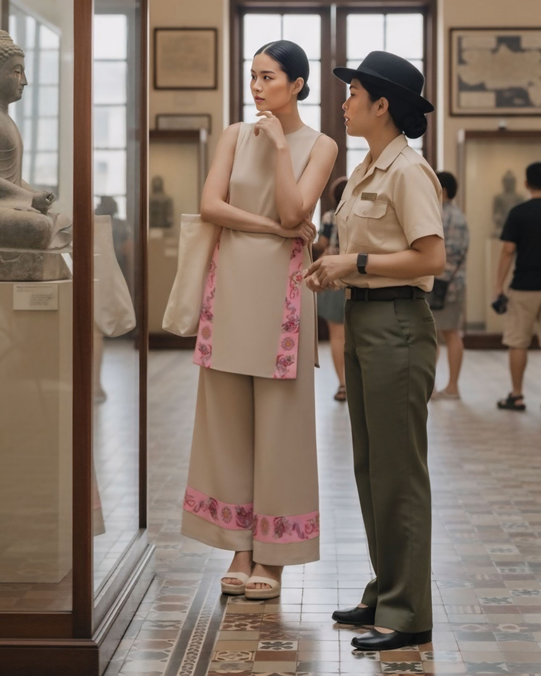 Bộ Lụa Dáng A Không Tay / Họa tiết Lụa Trơn Be Hồng & Twilly Phụng Vũ Vân Ca Hồng