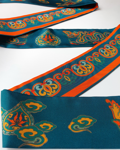 Quà Tặng Cao Cấp / Khăn Twilly Lụa Hương Vân Long Mộng / Xanh Cổ Vịt & Da Cam / 6cm x 150cm