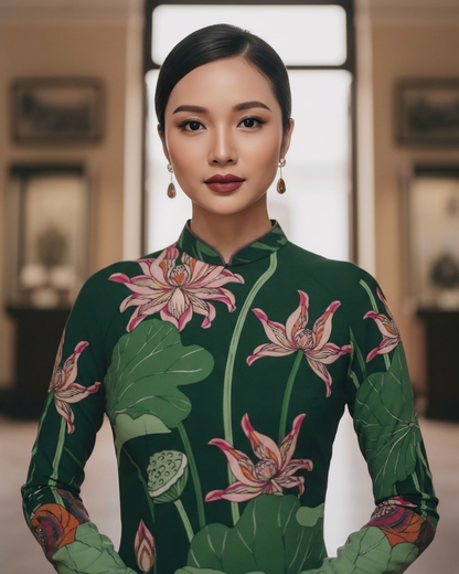 Áo Dài Lụa Truyền Thống / Họa tiết Uyên Ương Liên Hạ Xanh Lá & Hồng