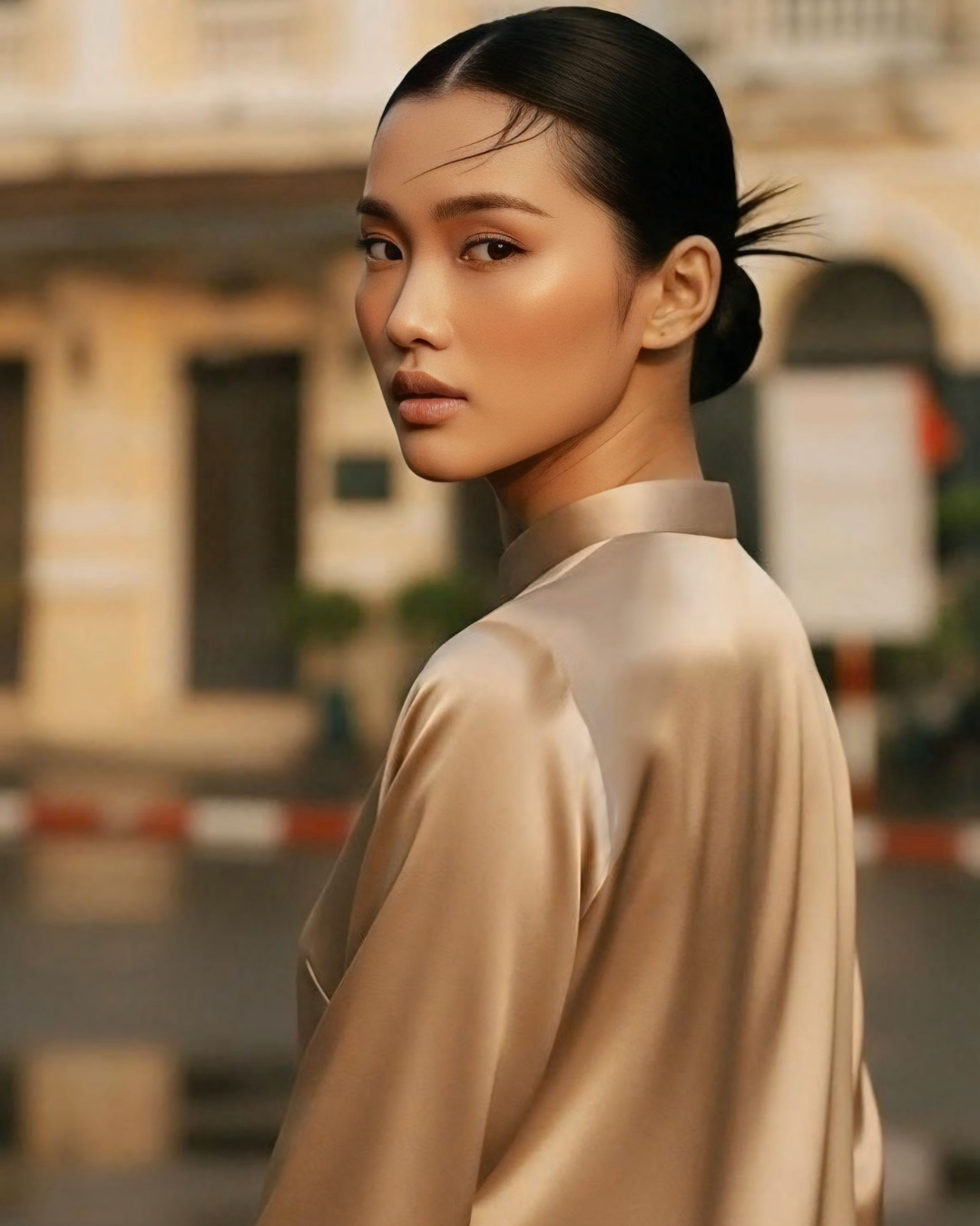 Áo Dài Lụa Tay Loa / Họa tiết Lụa Trơn Be Hồng & Twilly Phụng Vũ Vân Ca Hồng