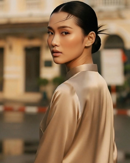 Áo Dài Lụa Tay Loa / Họa tiết Lụa Trơn Be Hồng & Twilly Phụng Vũ Vân Ca Hồng