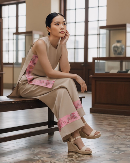 Bộ Lụa Dáng A Không Tay / Họa tiết Lụa Trơn Be Hồng & Twilly Phụng Vũ Vân Ca Hồng