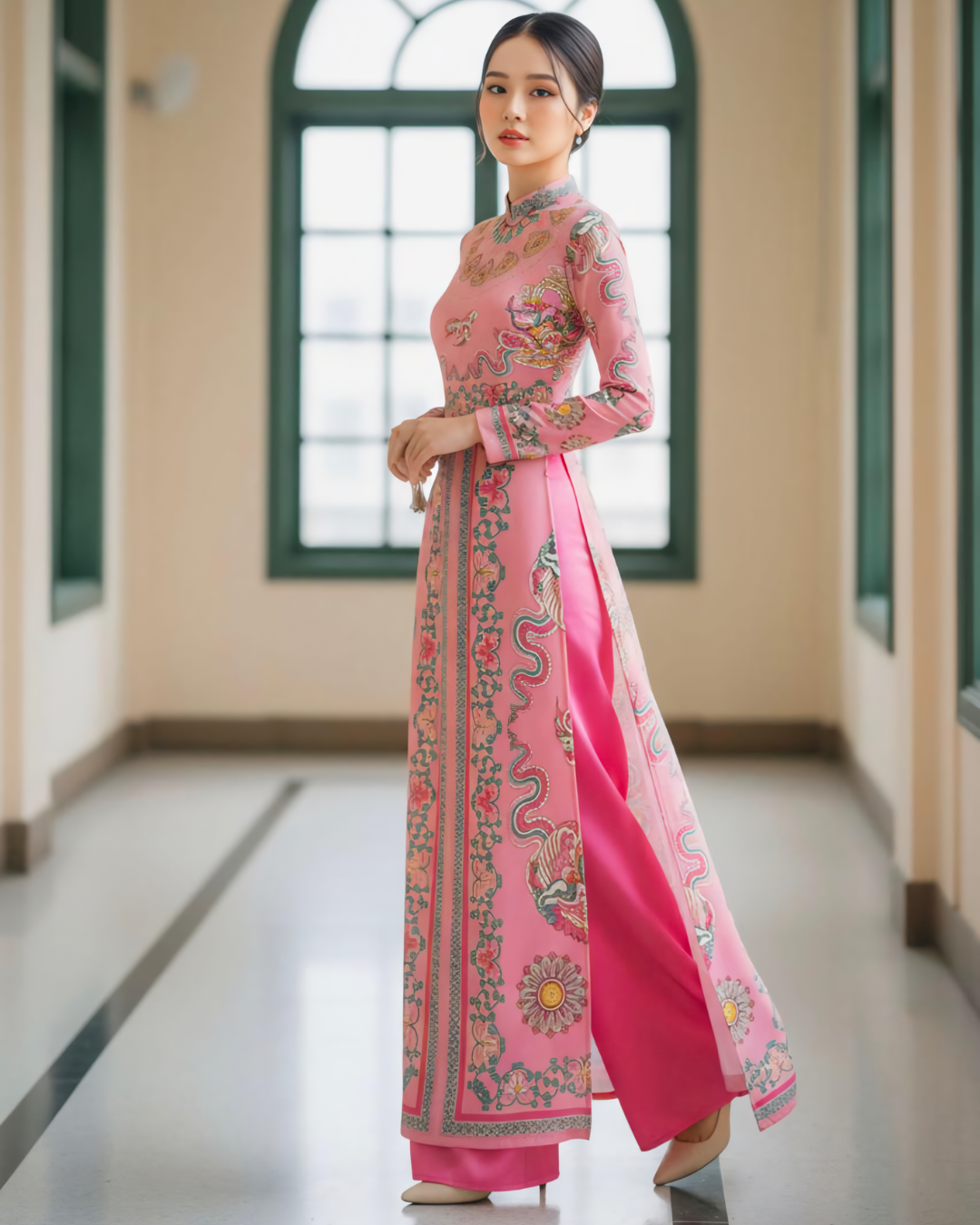 Áo Dài Lụa Truyền Thống / Hoạ tiết Phụng Vũ Vân Ca Hồng Phấn