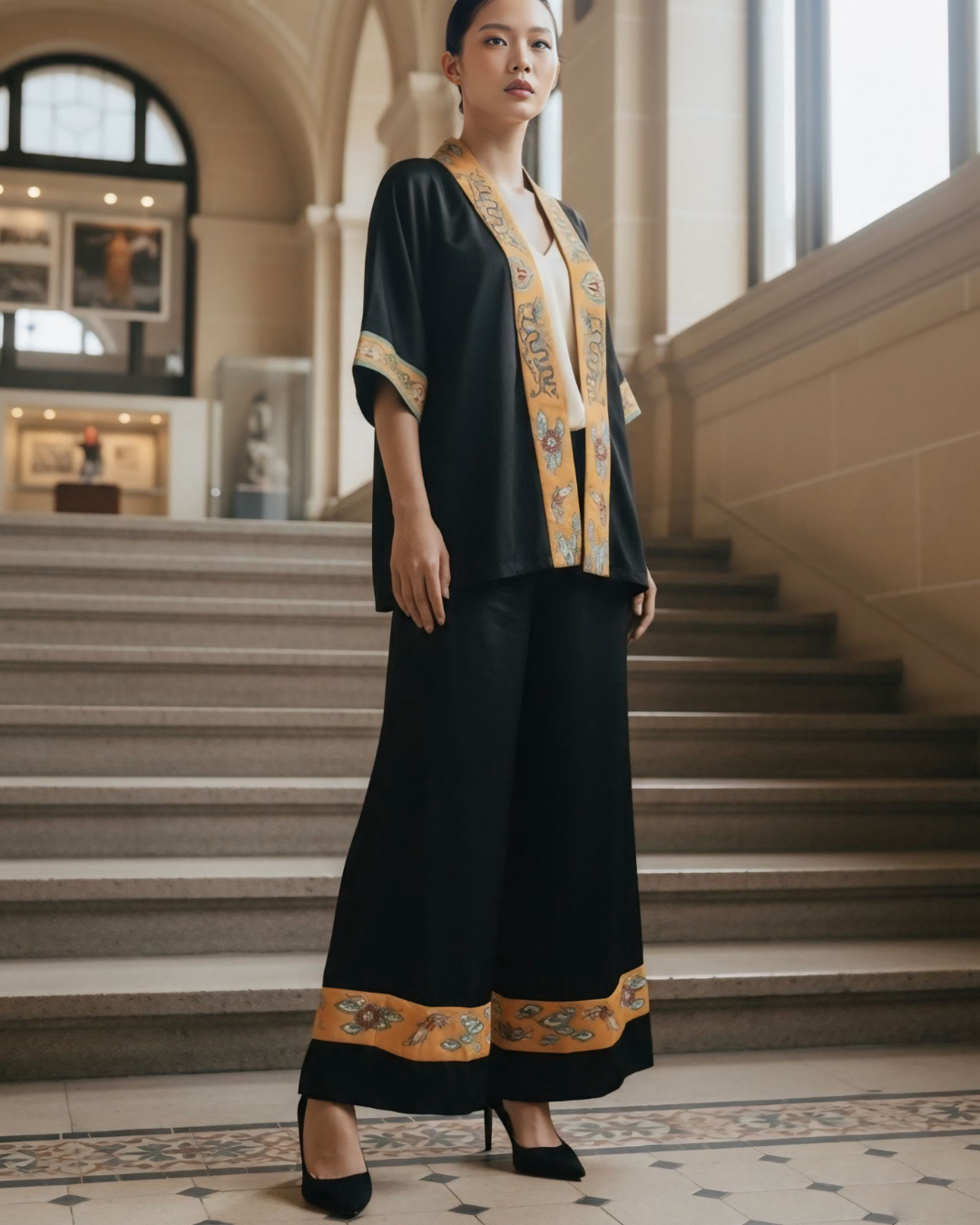 Bộ Lụa Kimono / Họa tiết Lụa Trơn Đen Vàng & Twilly Mây Hoạ Long Ân Vàng