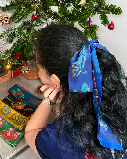 Quà Tặng Cao Cấp / Khăn Twilly Lụa Uyên Ương Liên Hạ / Xanh Lá & Hồng / 6cm x 150cm