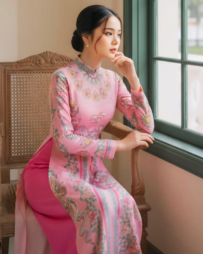 Áo Dài Lụa Truyền Thống / Hoạ tiết Phụng Vũ Vân Ca Hồng Phấn