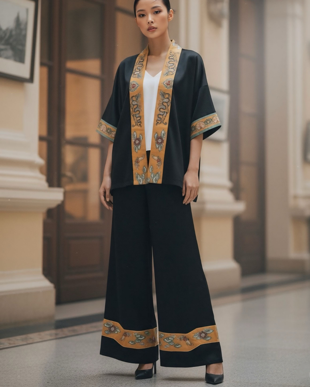 Bộ Lụa Kimono / Họa tiết Lụa Trơn Đen Vàng & Twilly Mây Hoạ Long Ân Vàng